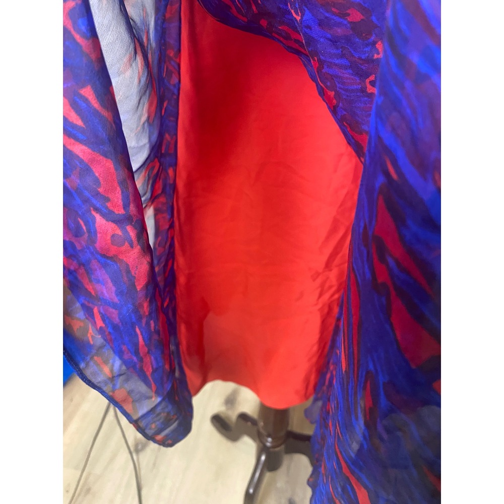 Vintage 60's Silk Chiffon Beaded Dress Blue Red Abstract Print Cocktail S - Picture 3 of 9